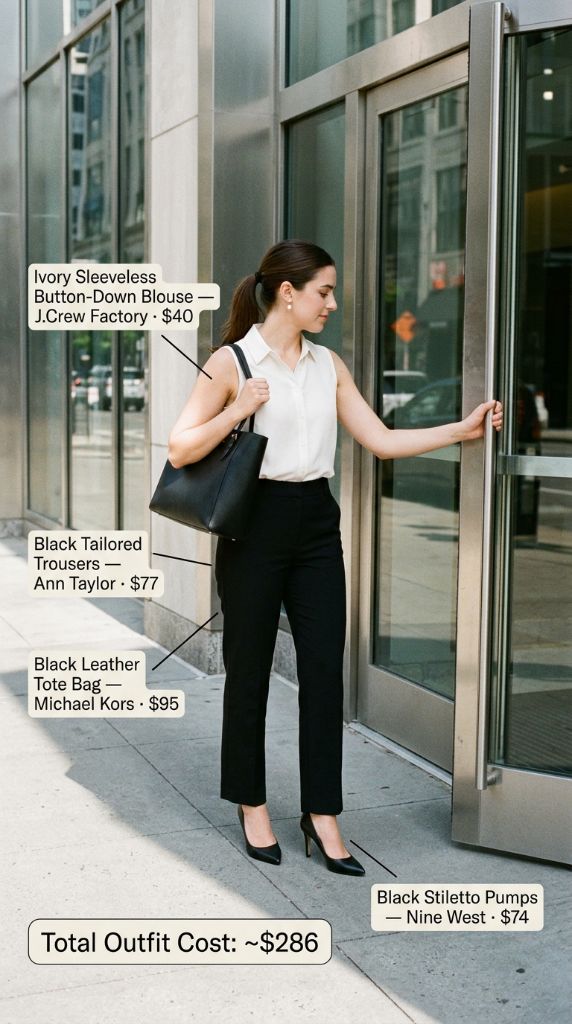 Ivory Sleeveless Button-Down With Black Trousers
