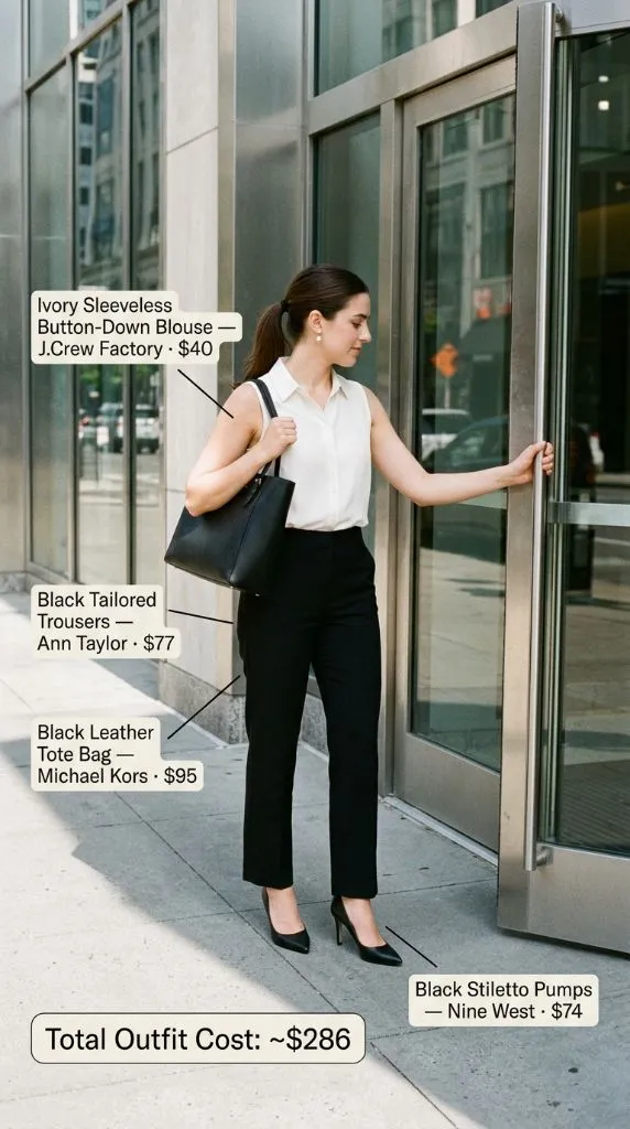 Ivory Sleeveless Button-Down With Black Trousers