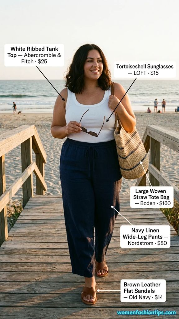 White ribbed tank top with navy linen wide-leg pants beach boardwalk outfit