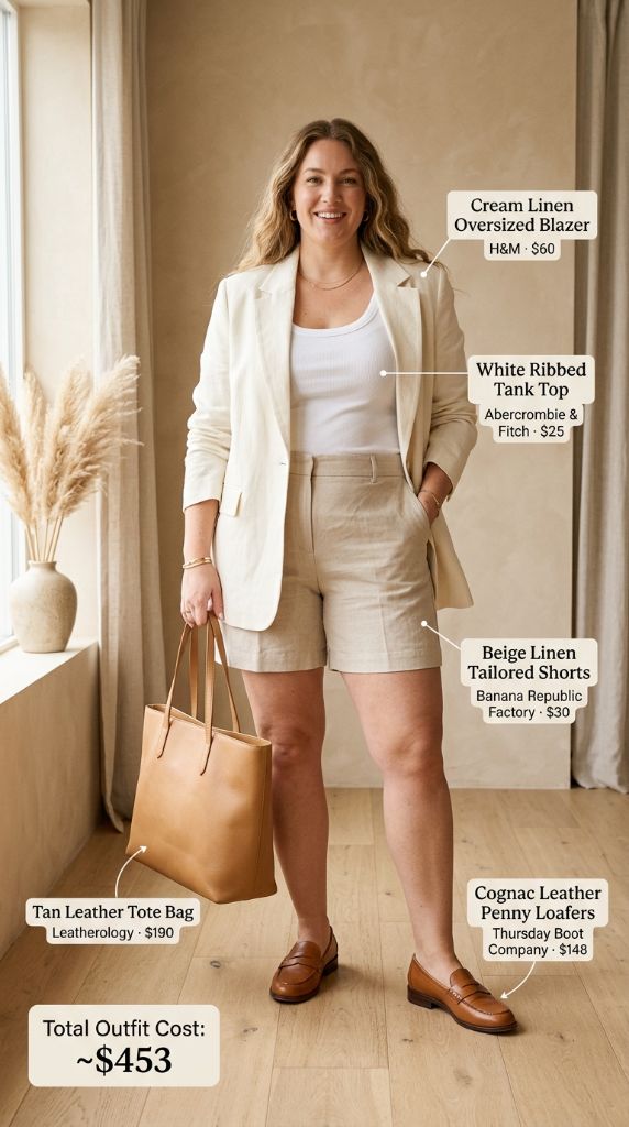 Curvy woman in cream linen oversized blazer, white ribbed tank, beige linen shorts, cognac loafers, and tan leather tote