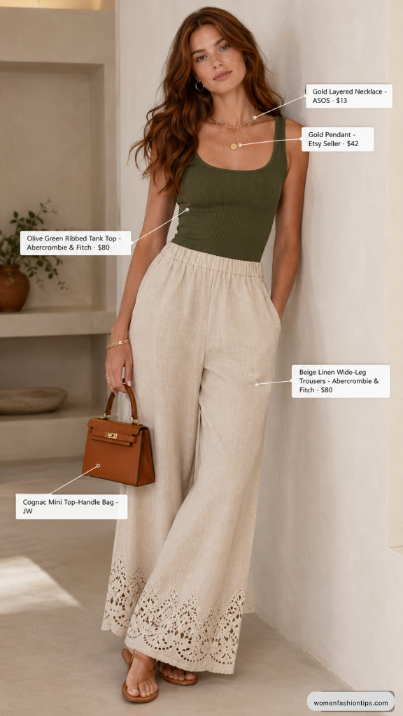 Olive Green Ribbed Tank Top and Beige Linen Wide-Leg Trousers