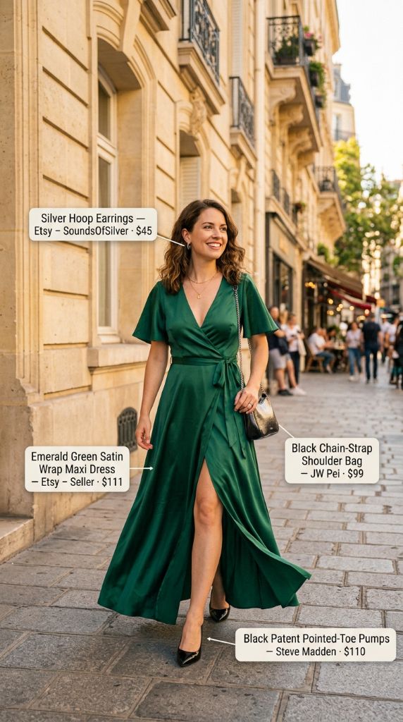 Emerald Green Satin Wrap Maxi Dress Outfit