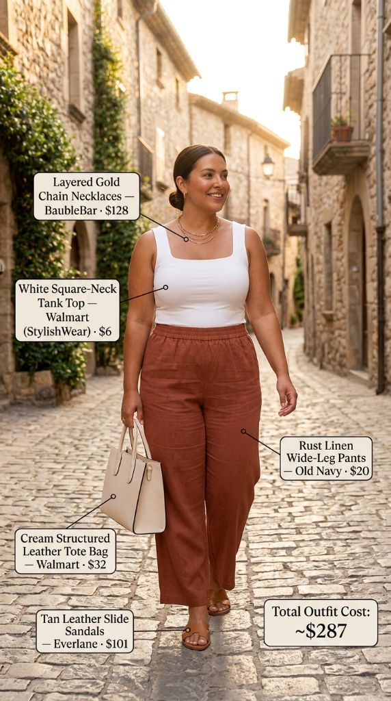 Curvy woman walking in European village wearing white square-neck tank with rust linen wide-leg pants
