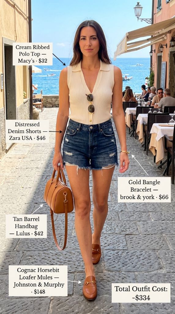 Cream Ribbed Polo Top With Distressed Denim Shorts