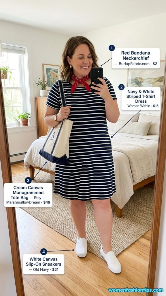 Navy and white striped t-shirt dress with red bandana neckerchief