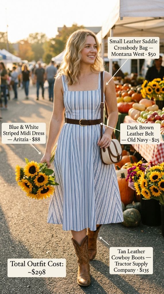 Blue and White Striped Midi Dress with Cowboy Boots at Farmers Market