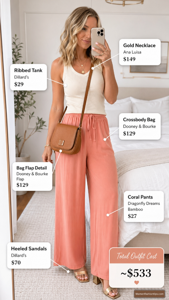 Coral Wide-Legs and Golden Heels