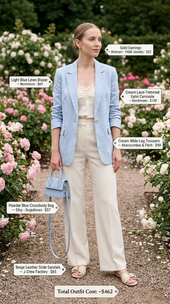 Light Blue Linen Blazer with Cream Trousers in Rose Garden