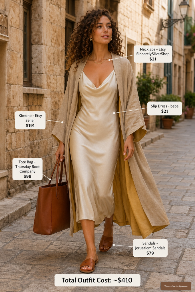 Neutral Kimono Over Champagne Slip