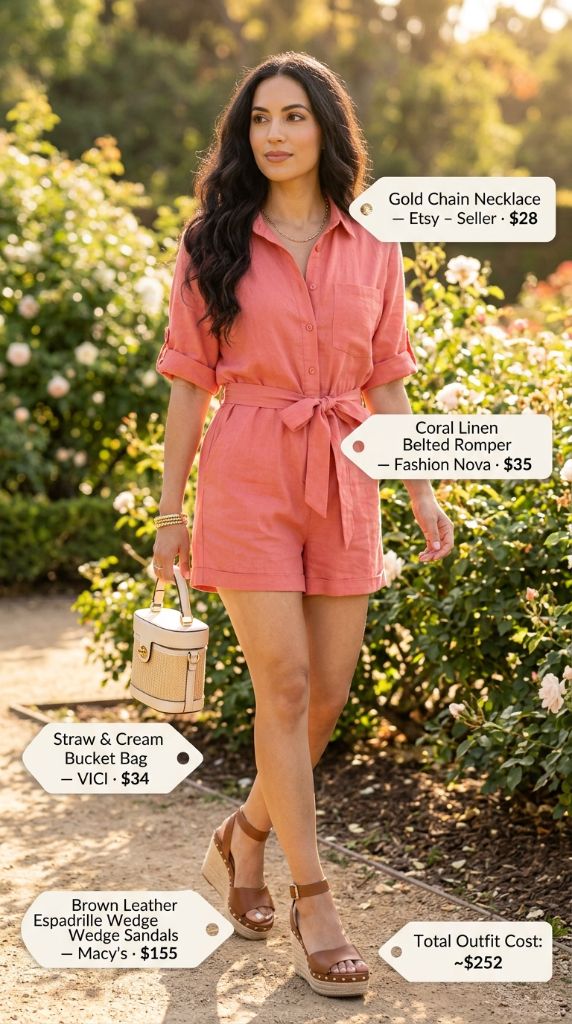 Coral Linen Romper Garden Party