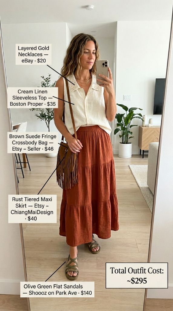 Cream Linen Top With Rust Tiered Maxi Skirt