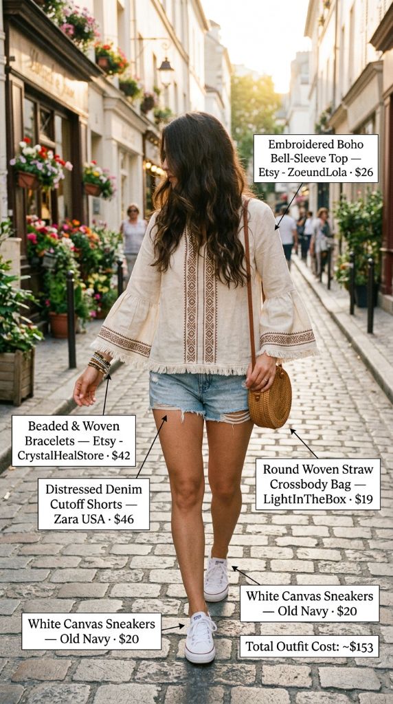 Embroidered Boho Bell-Sleeve Top with Distressed Denim Shorts