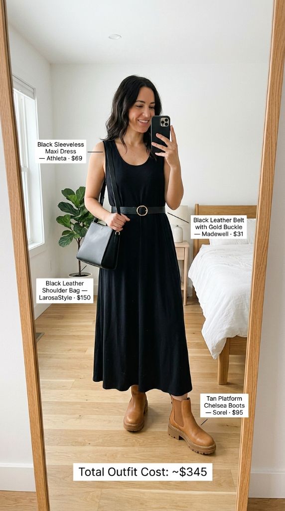 Black Sleeveless Maxi Dress with Tan Platform Chelsea Boots