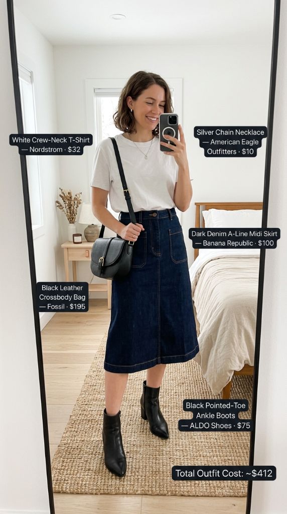 Dark Denim Midi Skirt And Boots