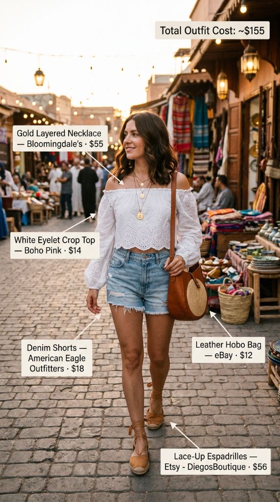 White Eyelet Crop Top with Denim Shorts