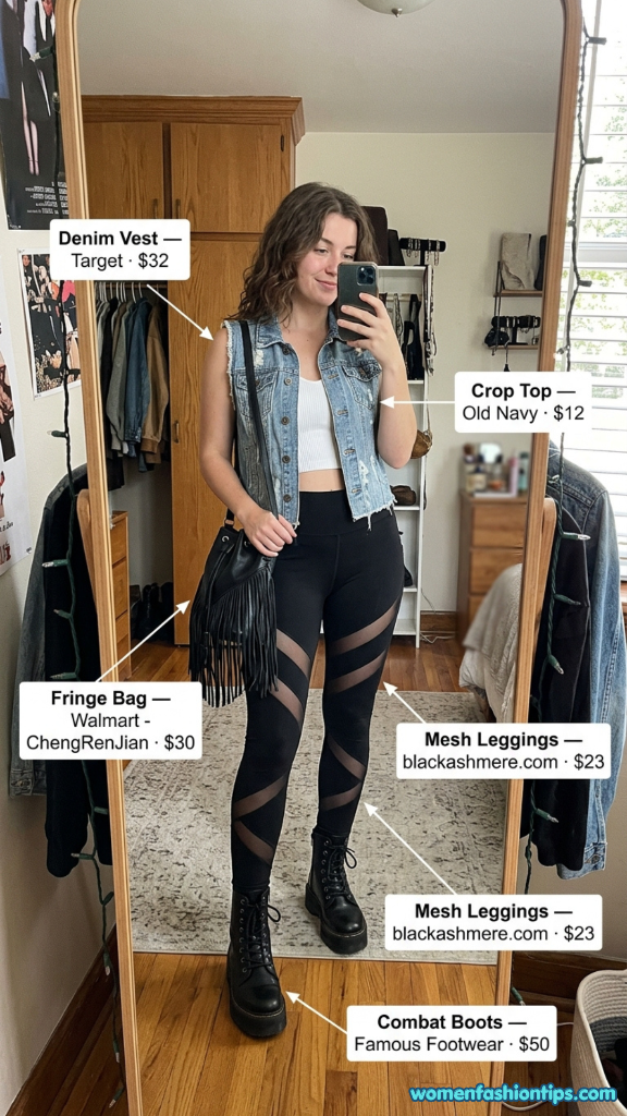 Denim vest with mesh-panel black leggings, combat boots, and fringe bag
