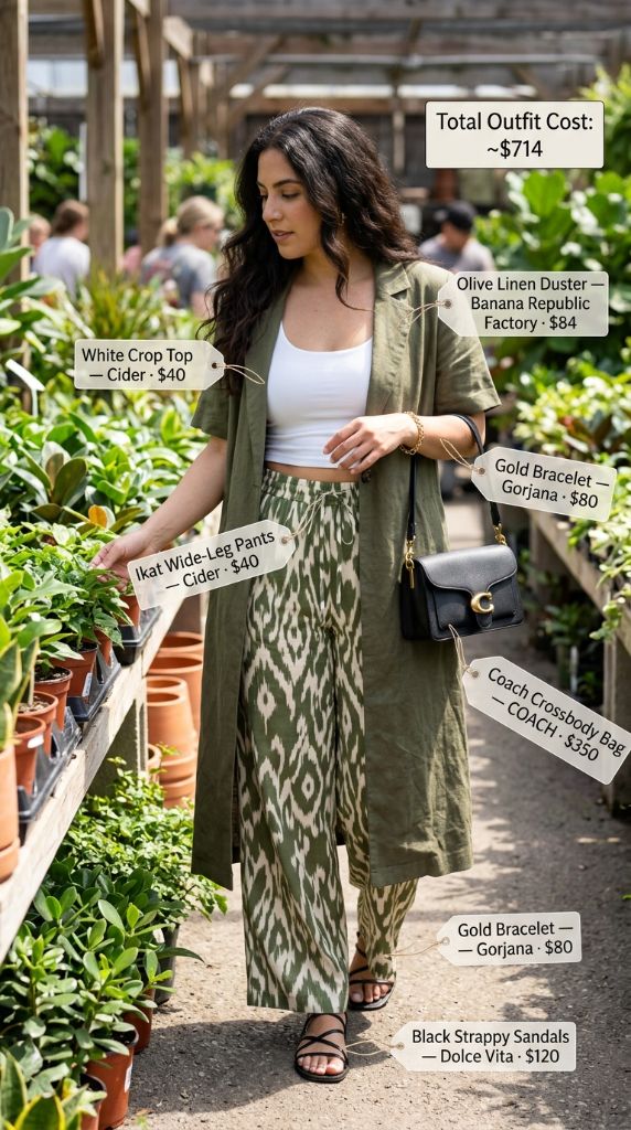 Olive Linen Duster with Ikat Pants