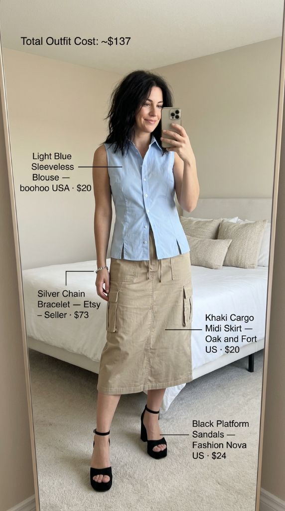 Light Blue Sleeveless Blouse With Cargo Midi Skirt