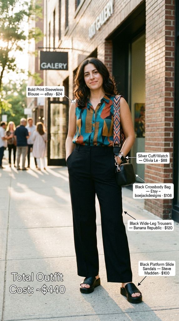 Bold Print Sleeveless Blouse With Black Wide-Leg Trousers