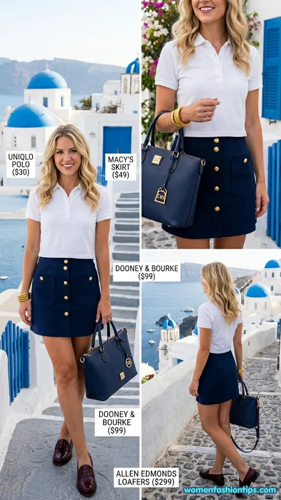 White polo shirt with navy button-front mini skirt and Dooney & Bourke bag in Santorini setting