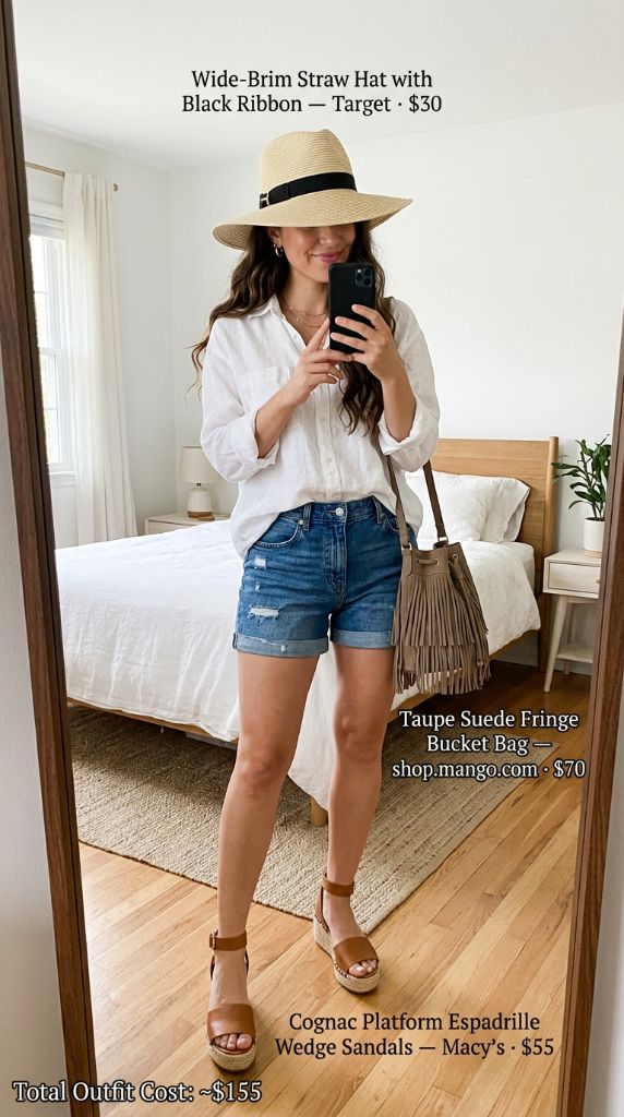 White Linen Button-Down with Denim Shorts
