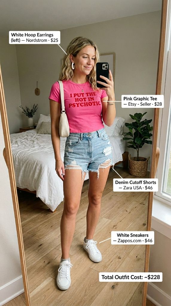 Pink Graphic Tee with Denim Cutoffs