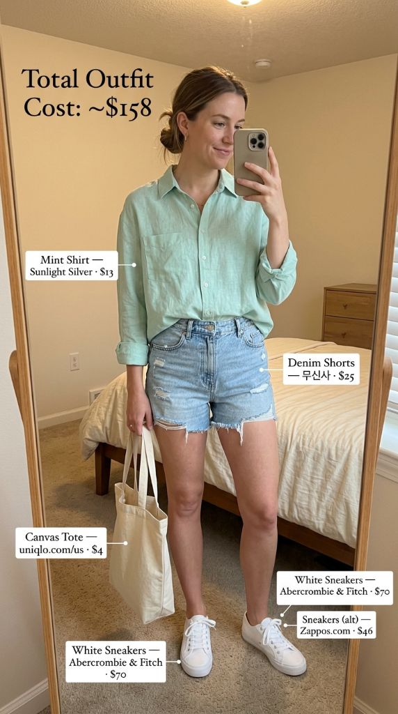 Mint Linen Shirt with Denim Cutoffs