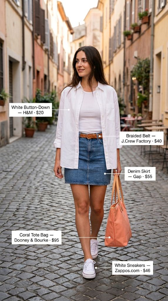 White Button-Down and Denim Skirt