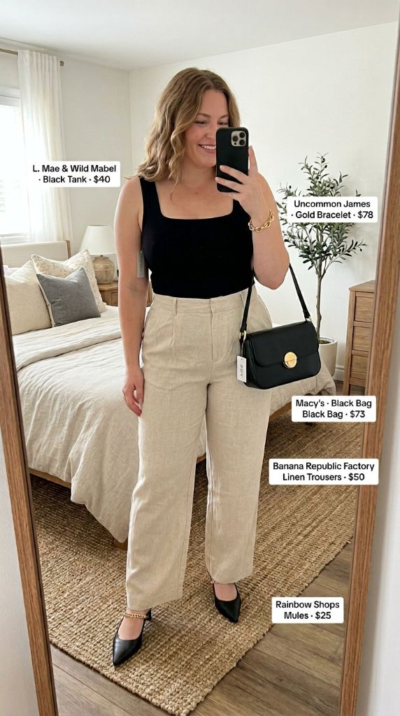 Curvy woman wearing black tank top with beige linen trousers, black crossbody bag, and black pointed mules