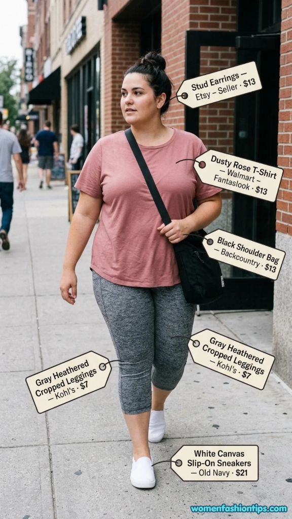 Dusty rose t-shirt with gray heathered cropped leggings street style