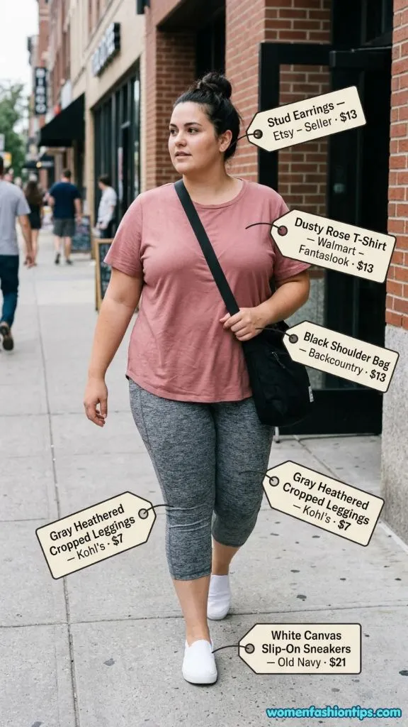 Dusty rose t-shirt with gray heathered cropped leggings street style
