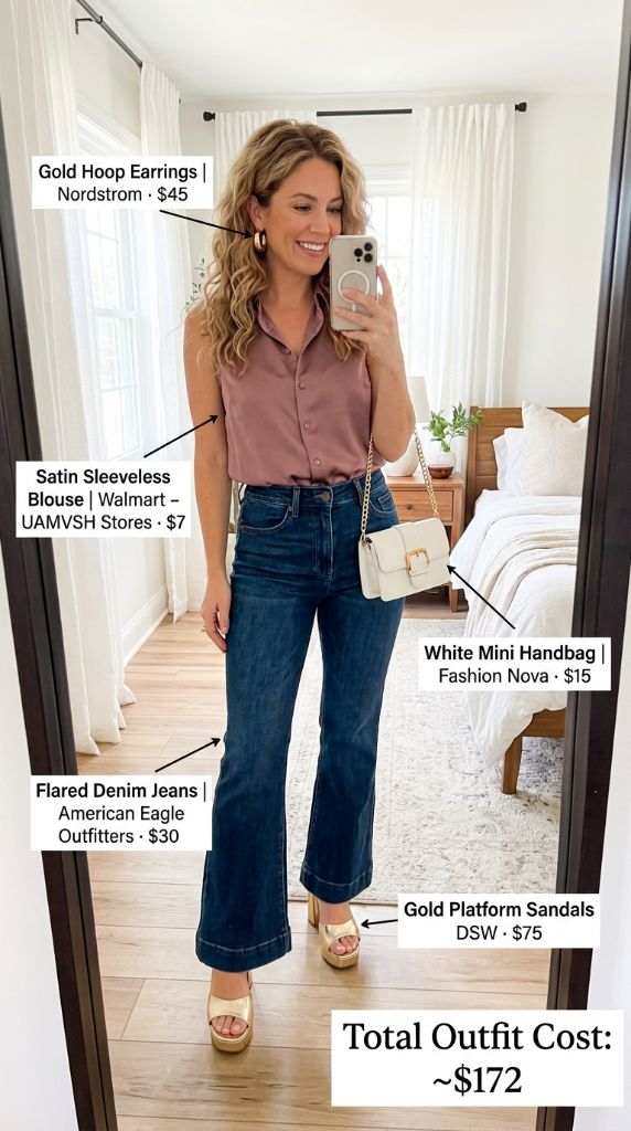 Satin Sleeveless Blouse With Flared Denim