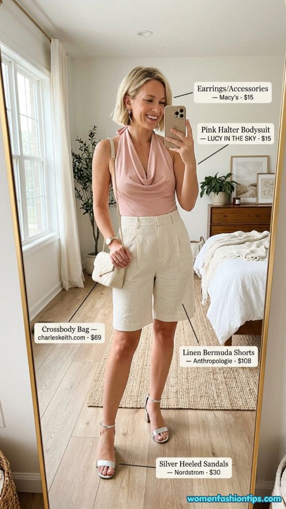 Pink Halter Bodysuit with Linen Bermuda Shorts