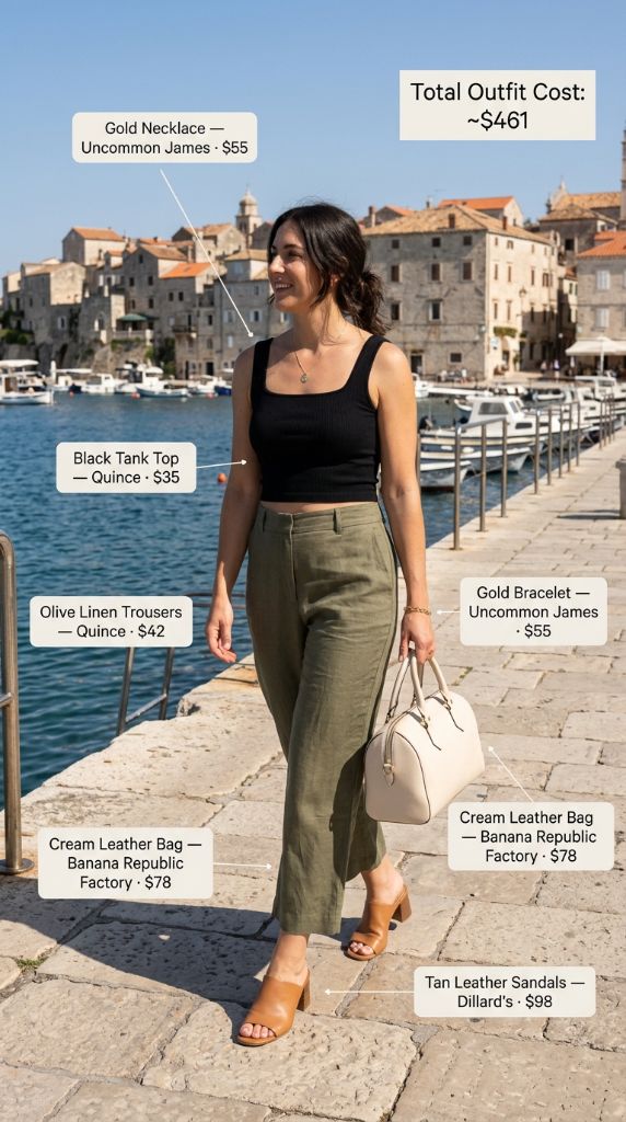Black Tank Top with Olive Linen Trousers
