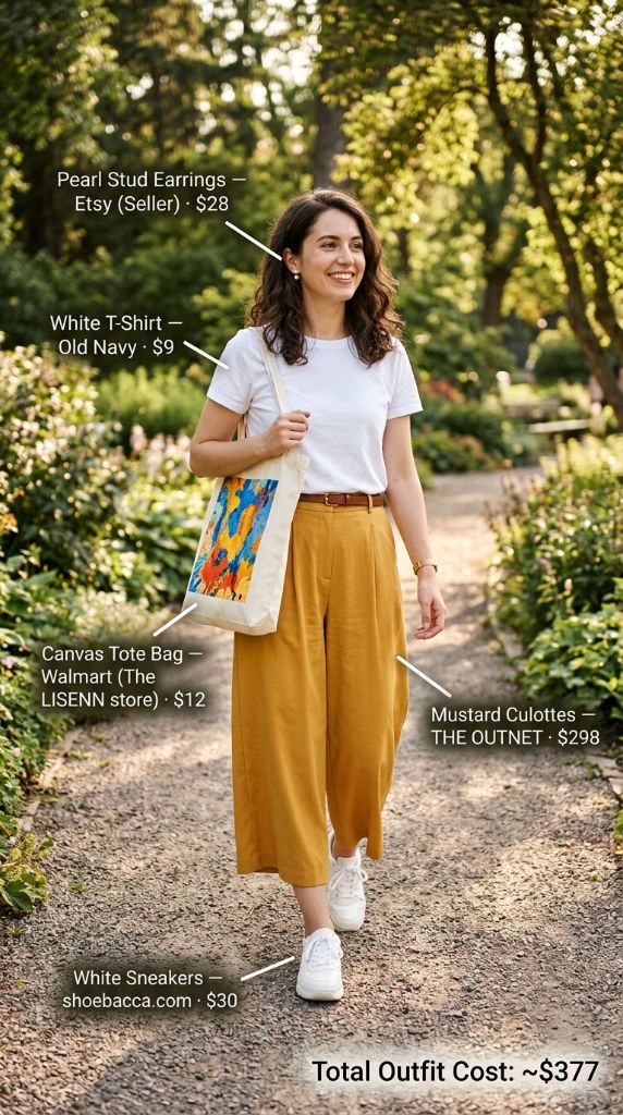 Mustard Culottes and White Tee Stroll