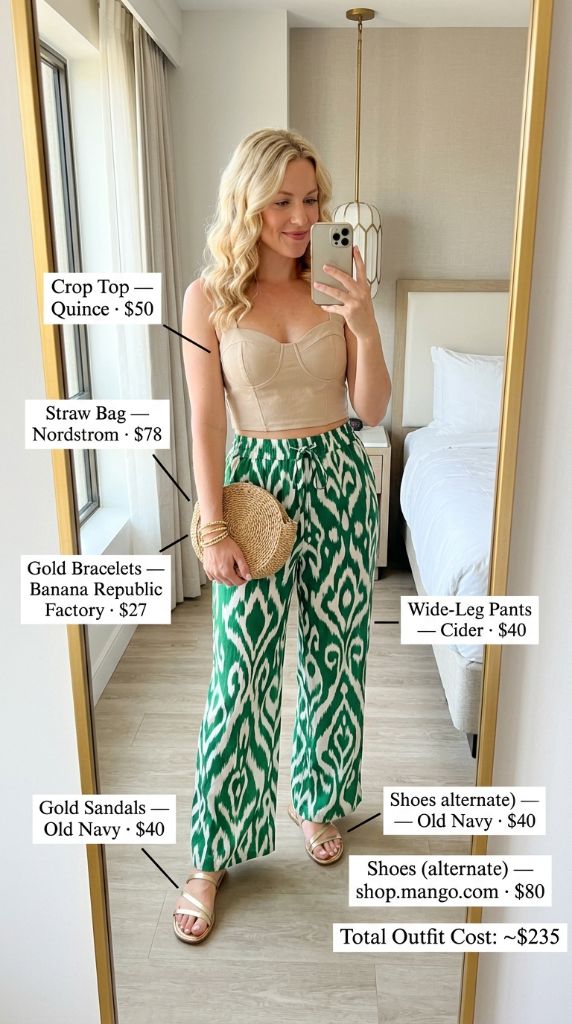 Tan Crop Top with Green Ikat Pants