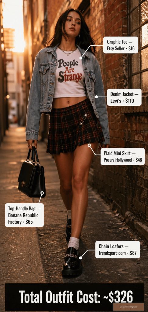 Graphic Tee With Plaid Mini Skirt