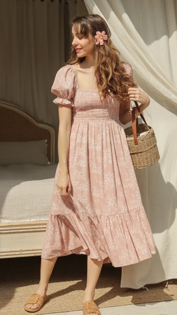Dusty rose floral print puff-sleeve smocked midi dress with ruffled hem, woven basket bag, and tan sandals in a sunlit setting