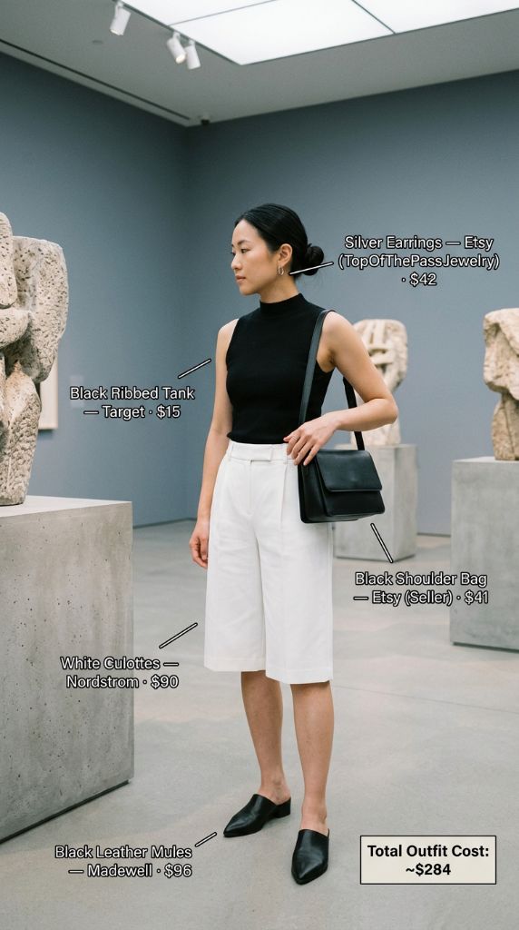 Sleek Black Tank With White Culottes