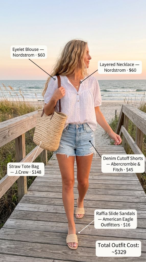 Coastal Eyelet Blouse And Straw Tote