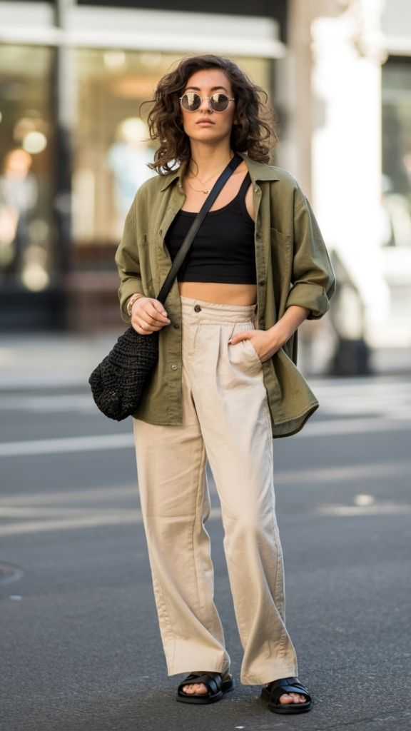 Olive green oversized shirt with black crop top and beige wide-leg pants