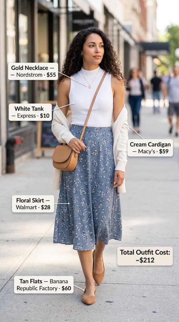 Cream Cardigan and Blue Floral Midi Skirt