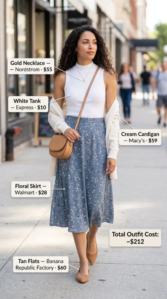 Cream Cardigan and Blue Floral Midi Skirt
