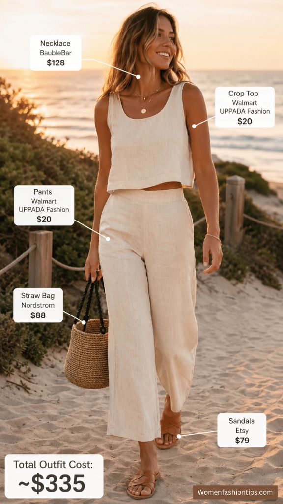 Beige Linen Crop Top and Pants Set