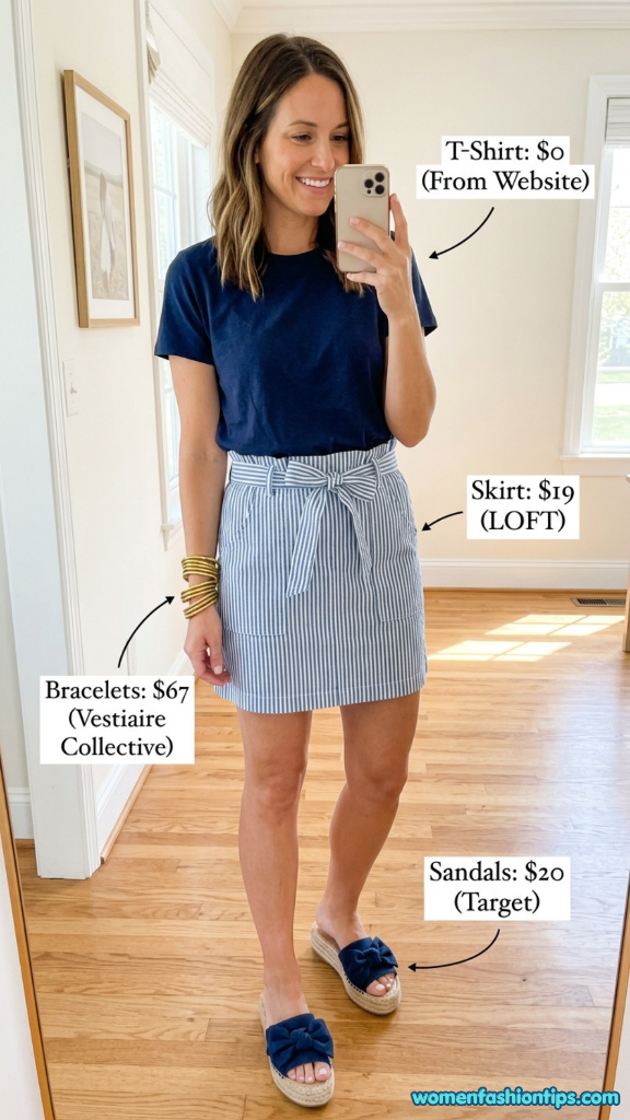 Navy t-shirt with striped LOFT skirt and blue sandals