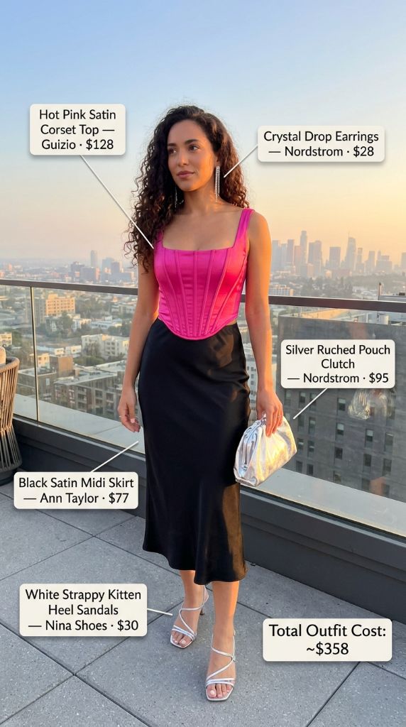 Hot Pink Satin Corset Top with Black Satin Midi Skirt