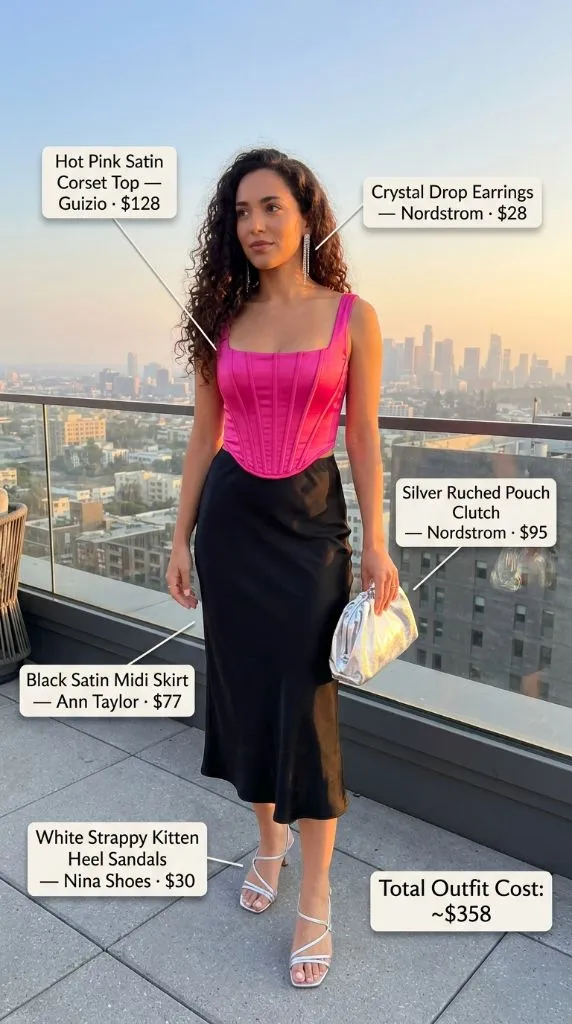 Hot Pink Satin Corset Top with Black Satin Midi Skirt