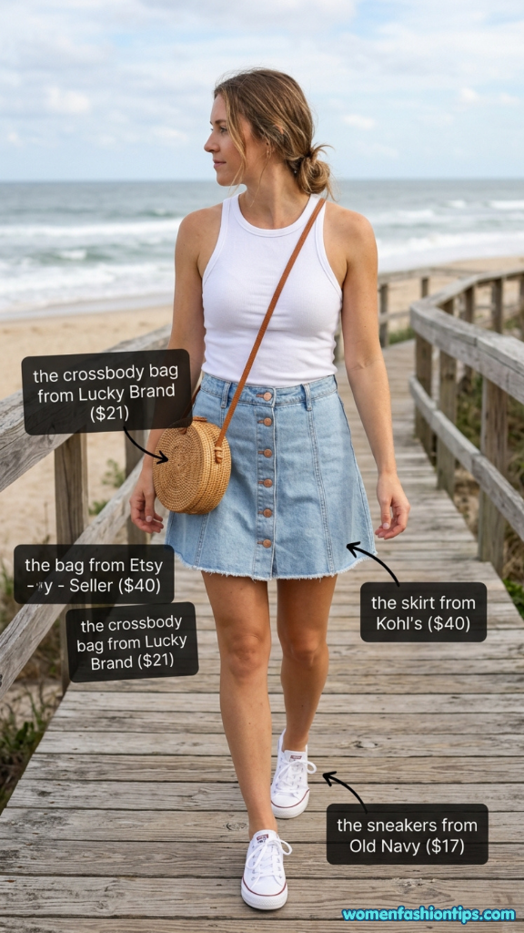 White racerback tank with light wash button-front denim skirt and white sneakers at the beach