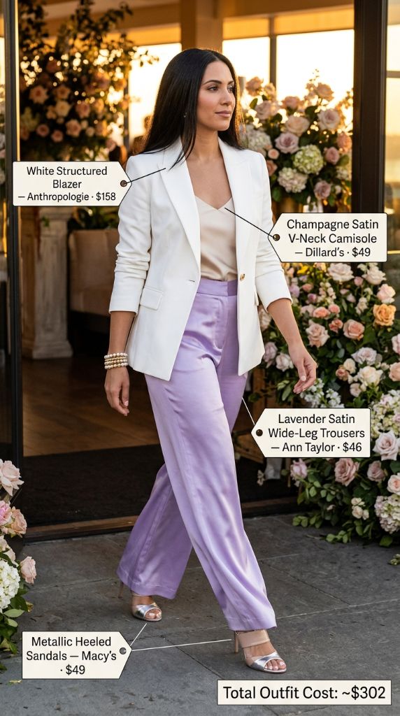 White Blazer and Lavender Trousers