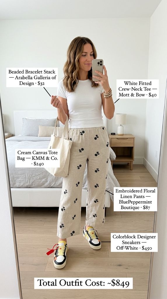 Embroidered Floral Linen Pants Outfit